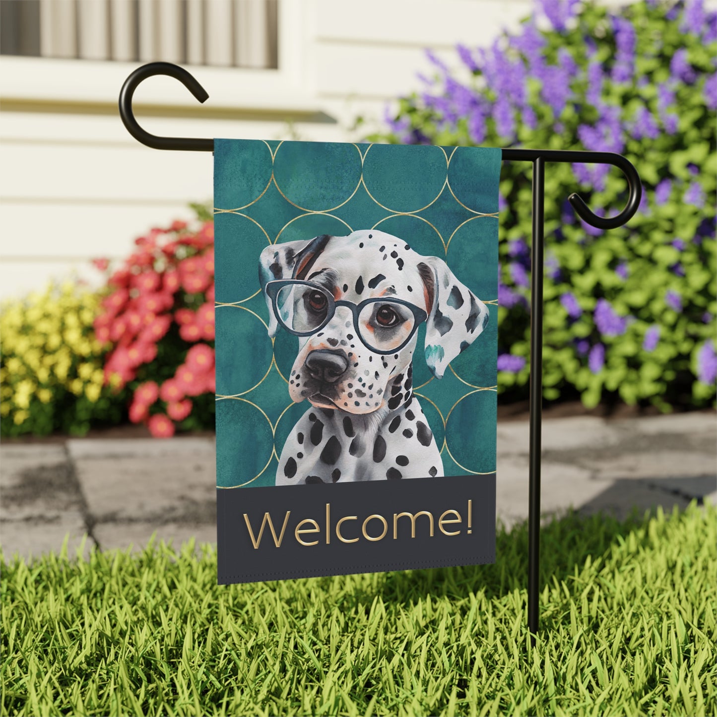 Dalmatian in Glasses Welcome 2-Sided Garden & House Flag/Banner