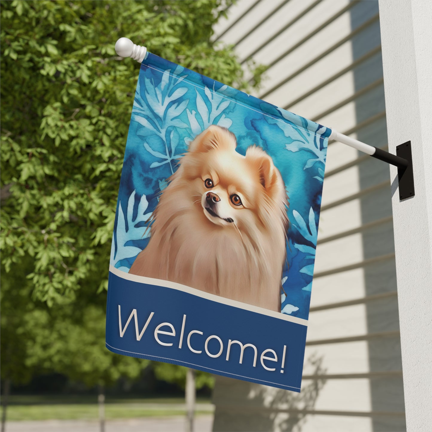 Pomeranian Welcome Blue 2-Sided Garden & House Flag/Banner