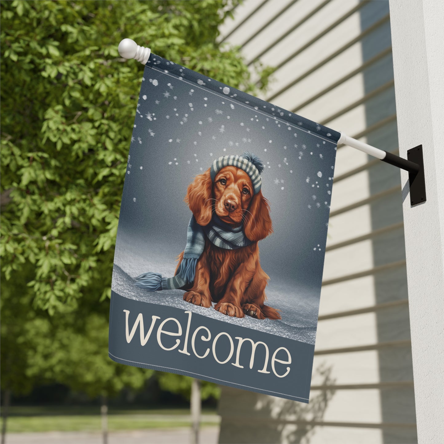 Snowy Welcome Irish Setter in Scarf 2-Sided Garden & House Flag/Banner