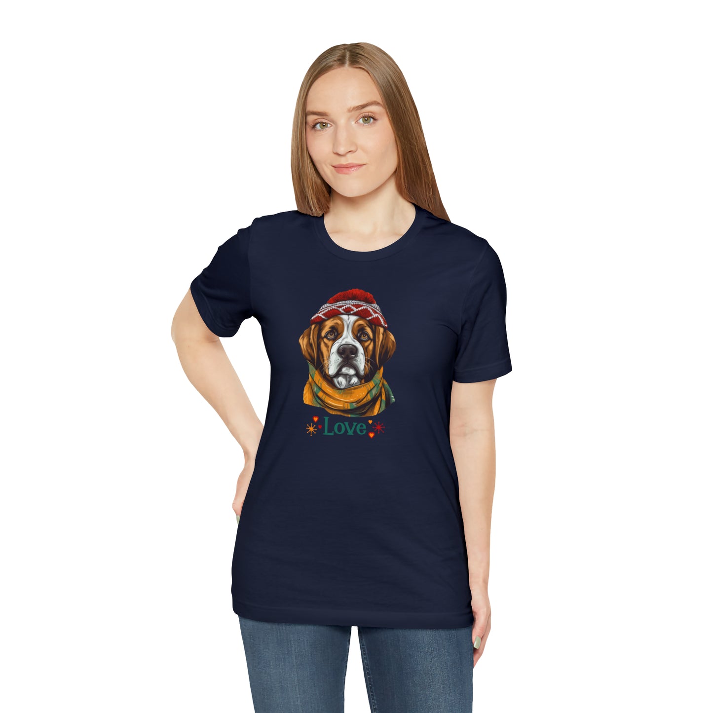 Saint Bernard in Hat & Scarf Love Unisex Jersey Short Sleeve Tee