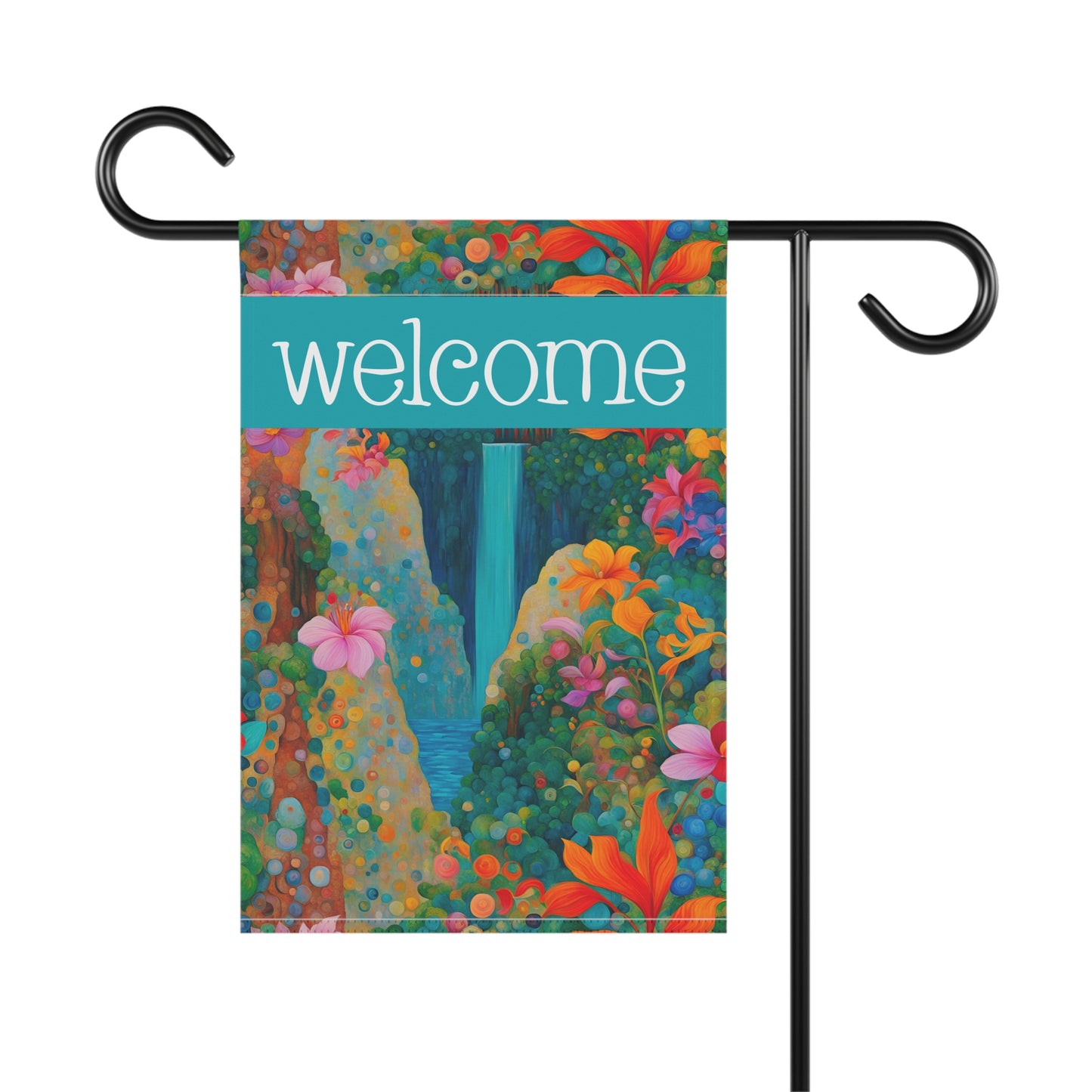 Tropical Waterfall Welcome 2-Sided Garden & House Flag/Banner