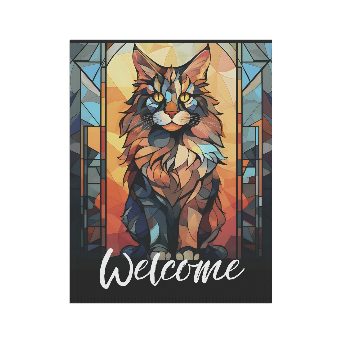 Maine Coon Cat Welcome Stained Glass Look 2-Sided Garden & House Flag/Banner