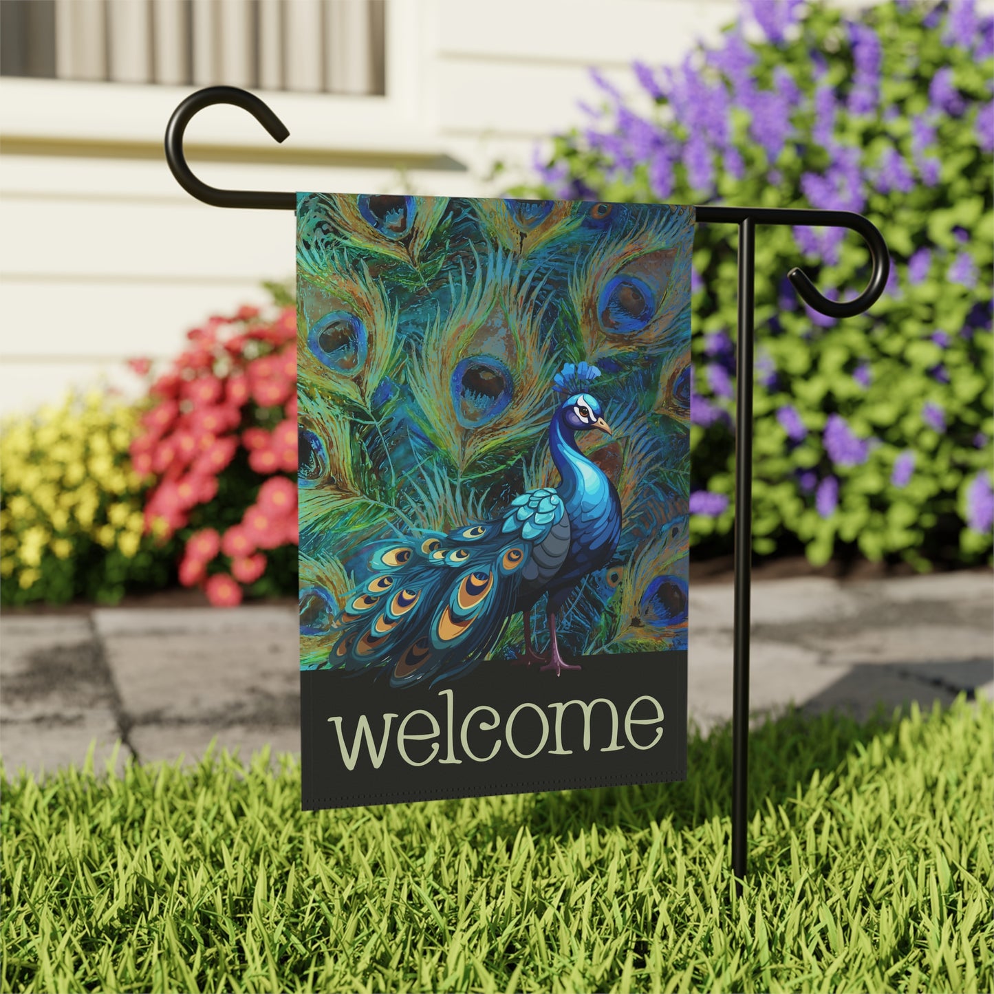 Flaunting Peacock Welcome 2-Sided Garden & House Flag/Banner