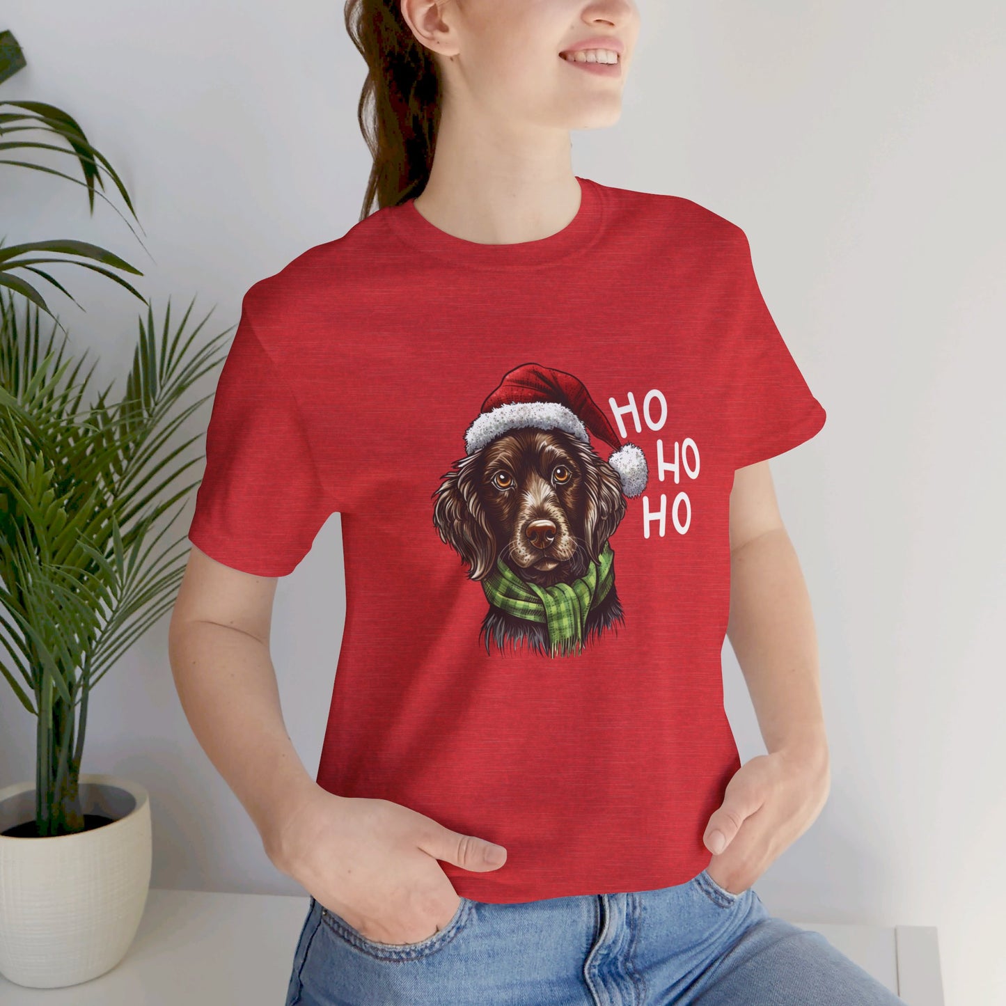 Ho Ho Ho Ready for Christmas Dog in Santa Hat & Scarf Unisex Jersey Short Sleeve Tee