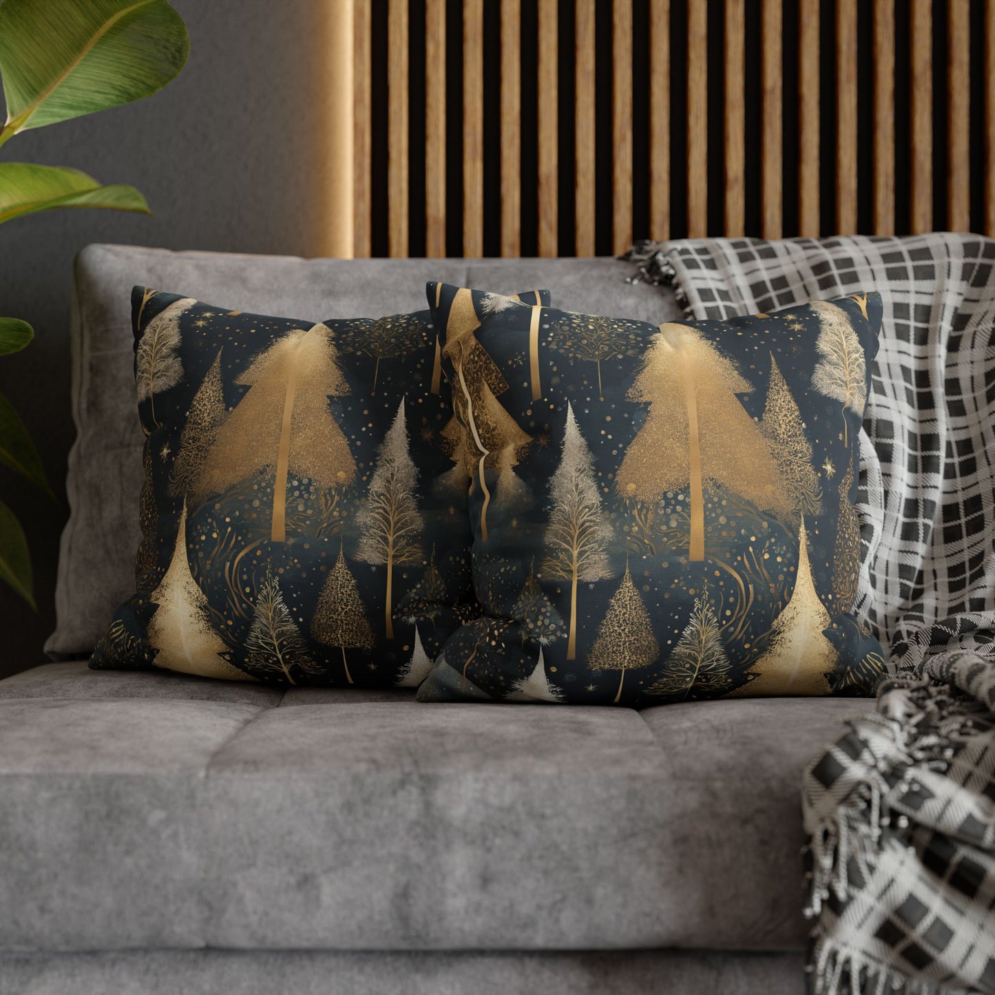 Golden Evergreens on Navy Square Poly Canvas Pillowcase