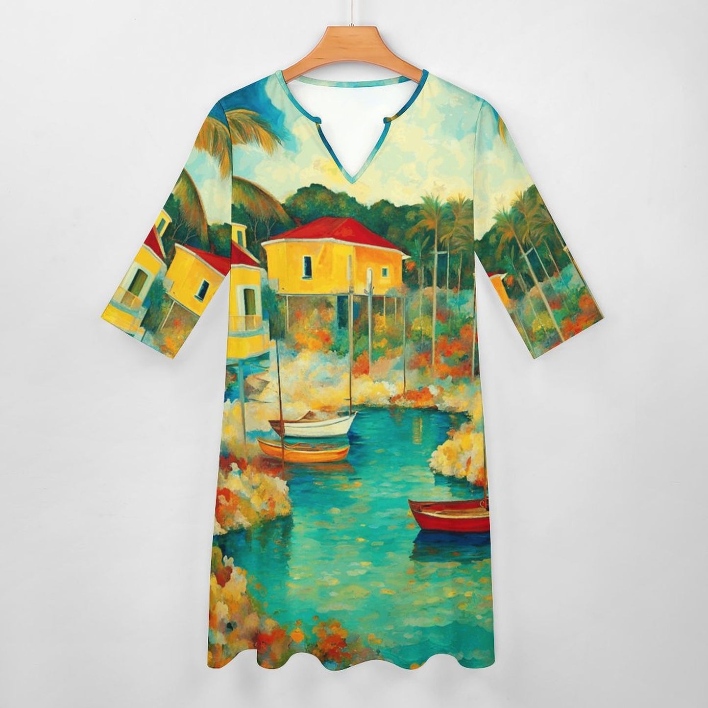 Abacos Bahamas V-neck 3/4 Sleeve Dress with Pockets