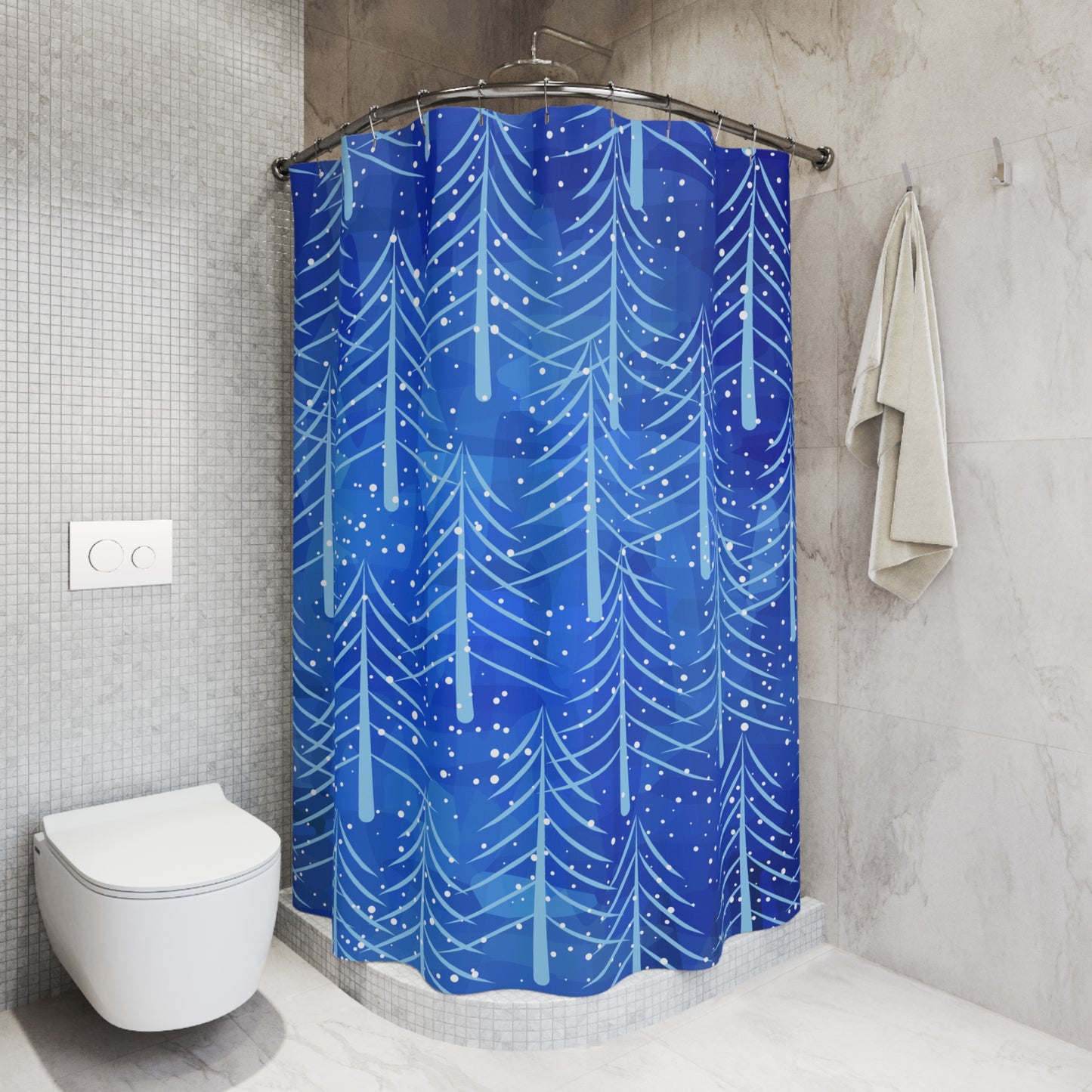 Blue Christmas Trees Polyester Shower Curtain