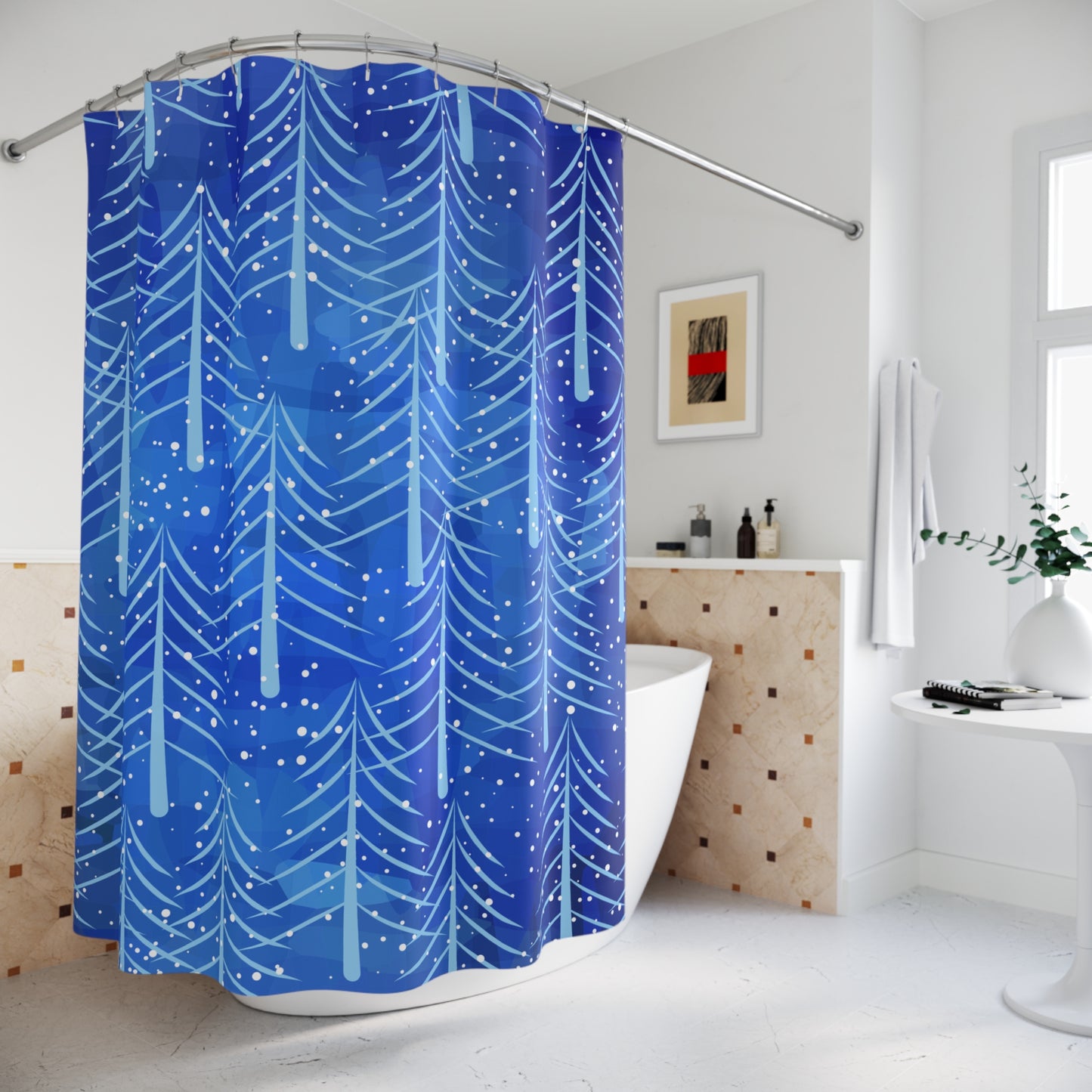 Blue Christmas Trees Polyester Shower Curtain