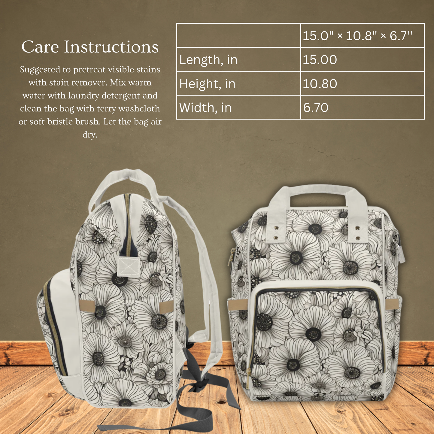 Spence B&W Floral Multifunctional Diaper Backpack
