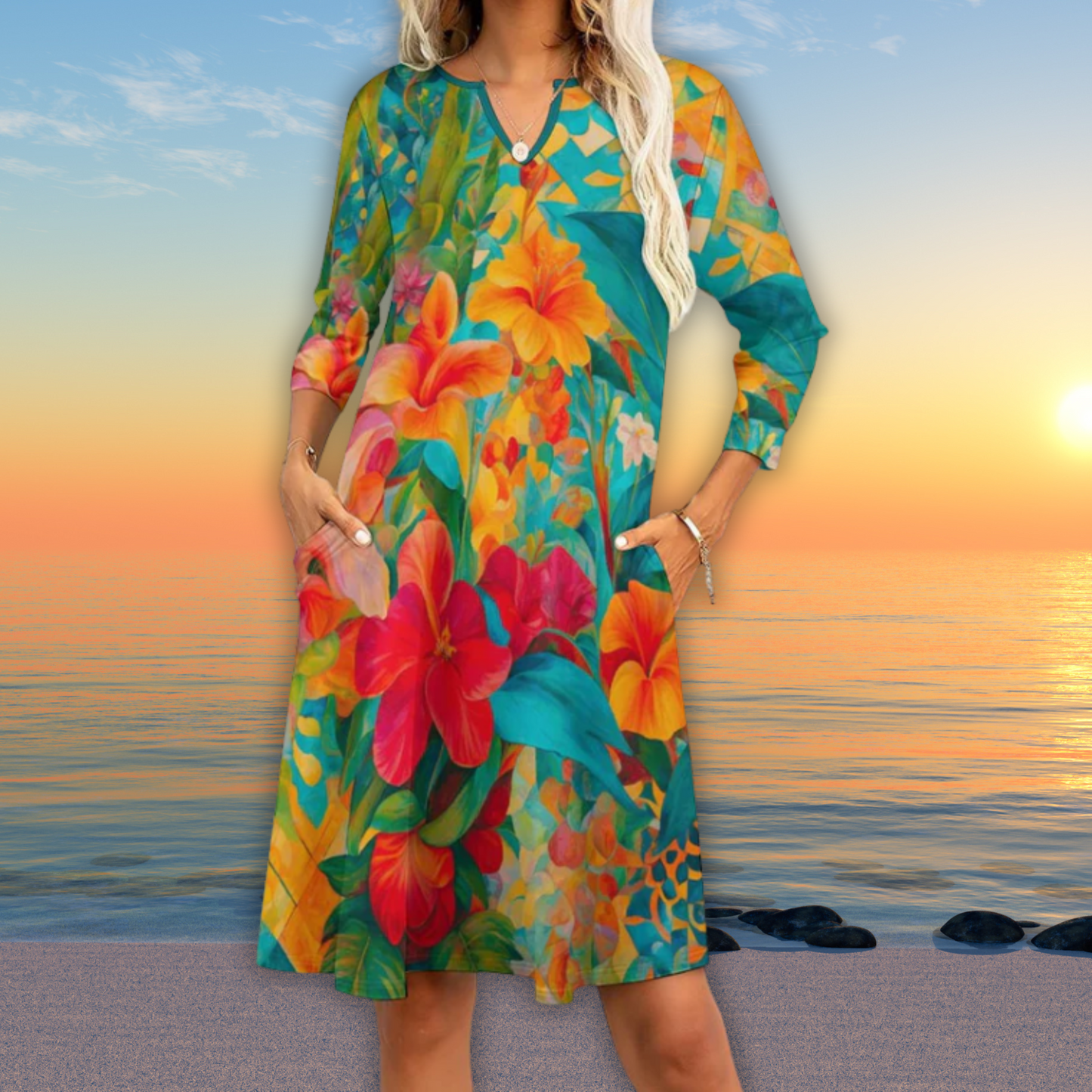 Aruba V-neck 3/4 Sleeve Dress with Pockets