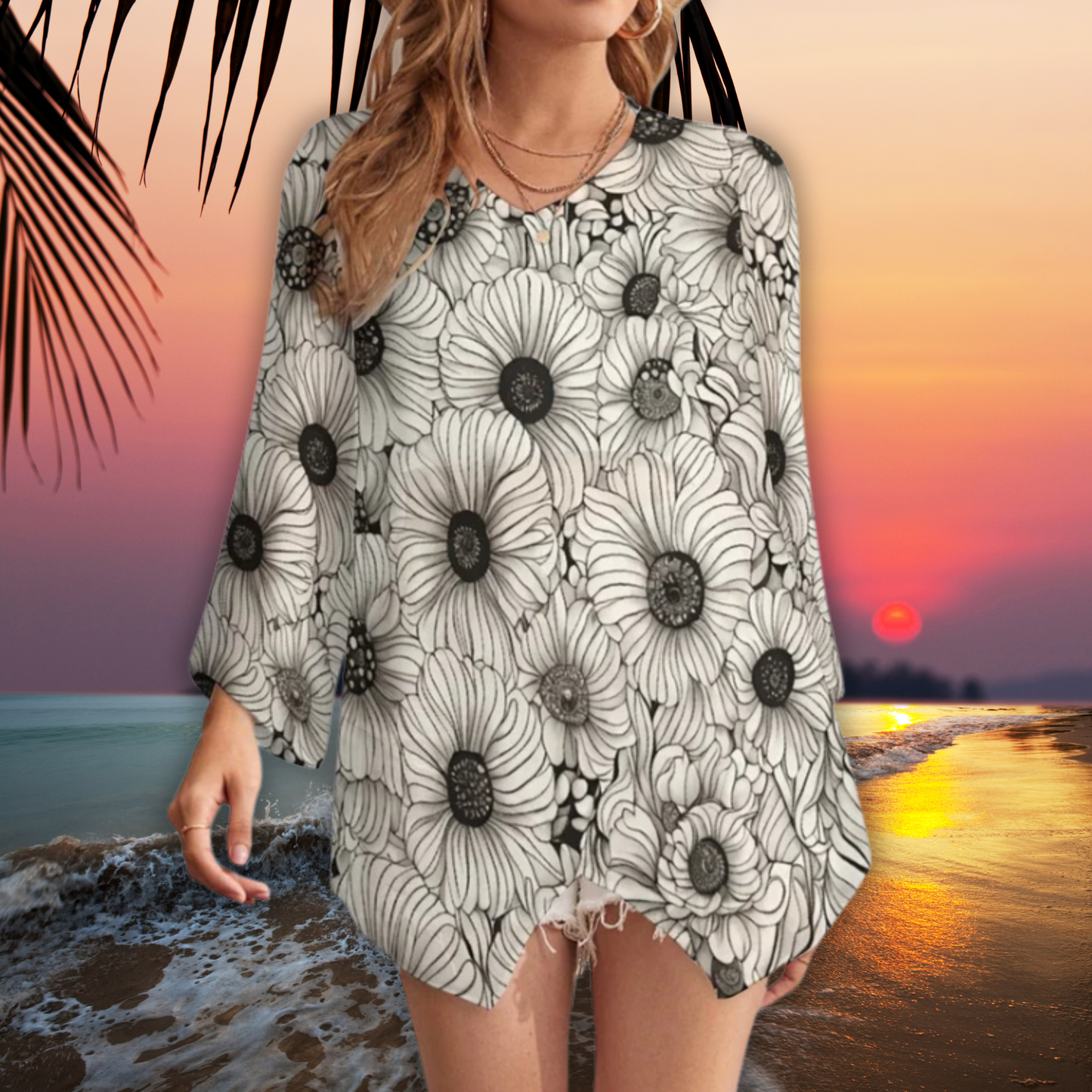 Spence B&W Floral Loose-Fit Chiffon Long-Sleeve Top