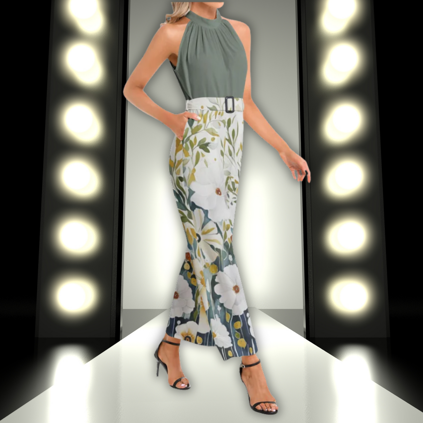 Tiffany Halter Neck Buckle Belted Jumpsuit