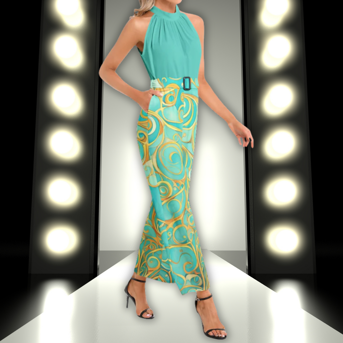 Teal Swirl Halter Neck Buckle Belted Jumpsuit