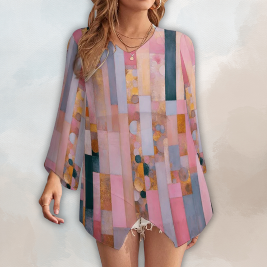 Modern Pink Loose-Fit Chiffon Long-Sleeve Top