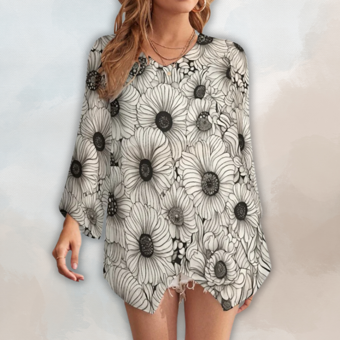 Spence B&W Floral Loose-Fit Chiffon Long-Sleeve Top