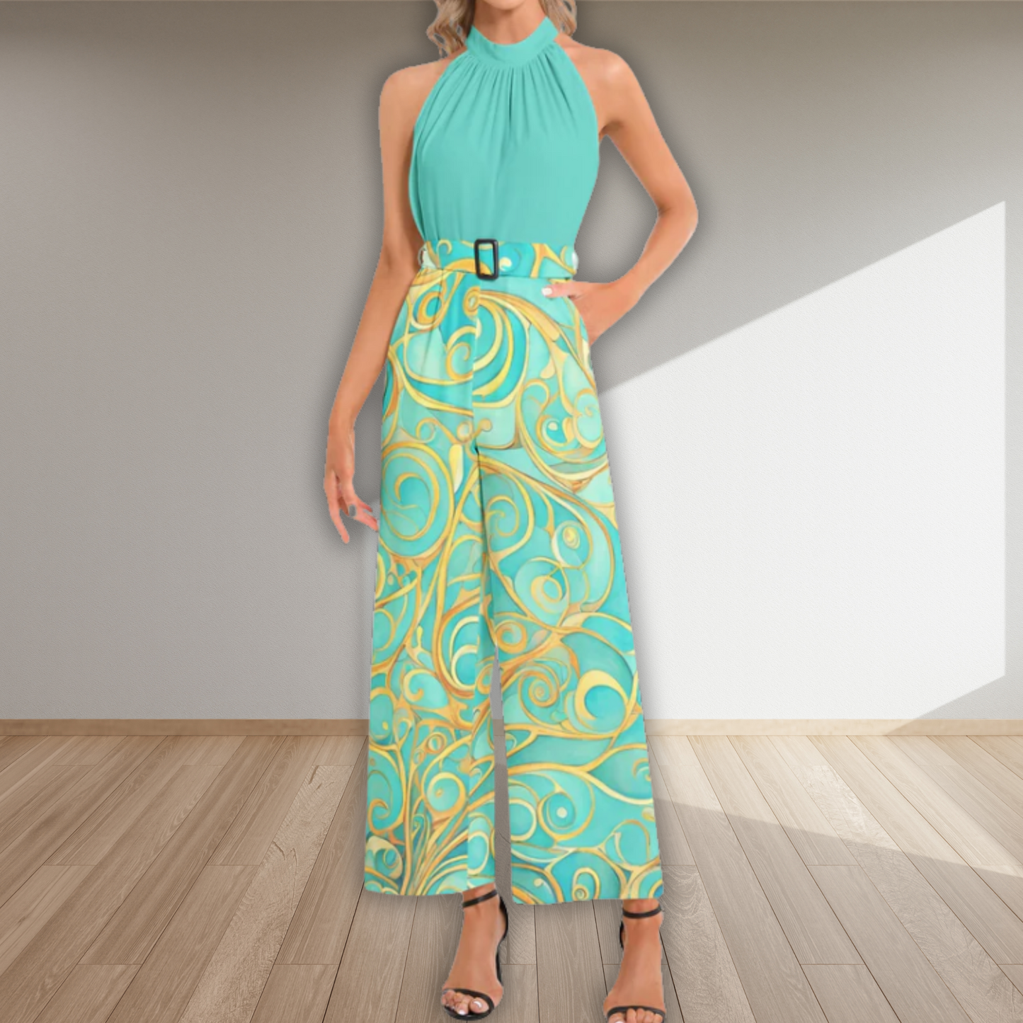 Teal Swirl Halter Neck Buckle Belted Jumpsuit