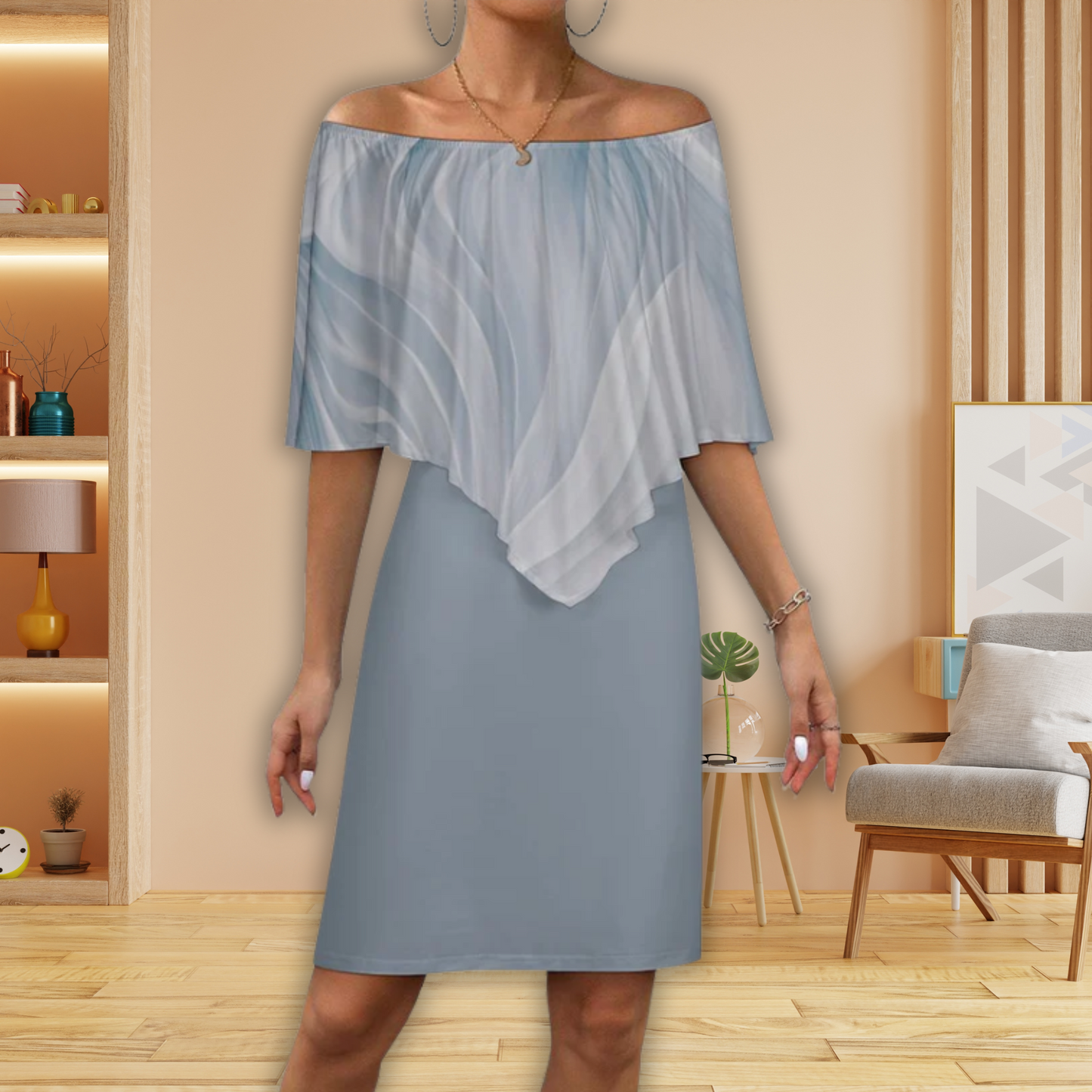 Sway in Blue Women's Off-shoulder Shawl Dress