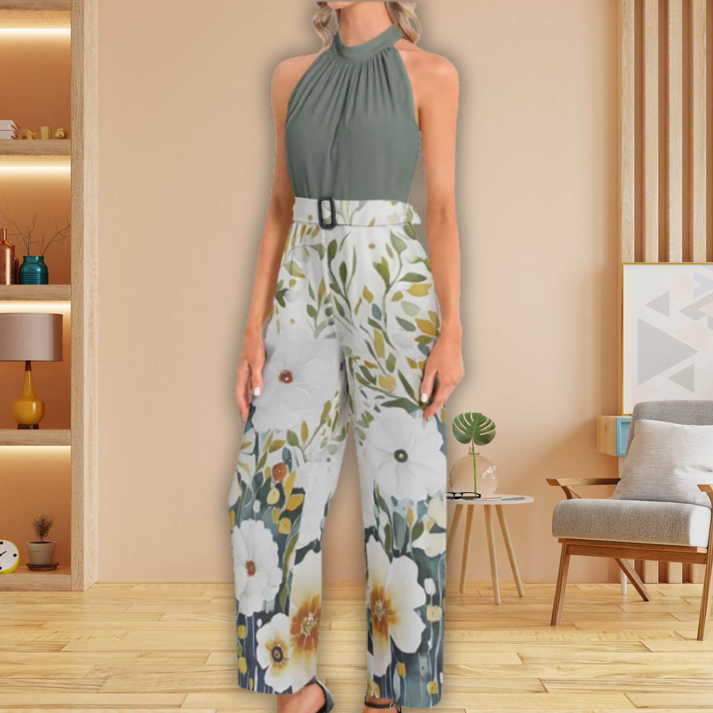 Tiffany Halter Neck Buckle Belted Jumpsuit