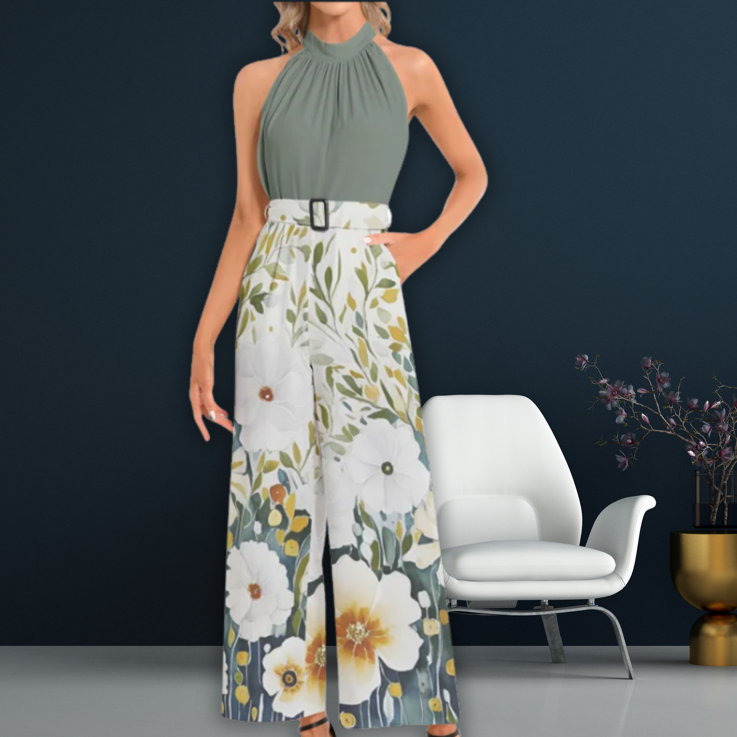 Tiffany Halter Neck Buckle Belted Jumpsuit