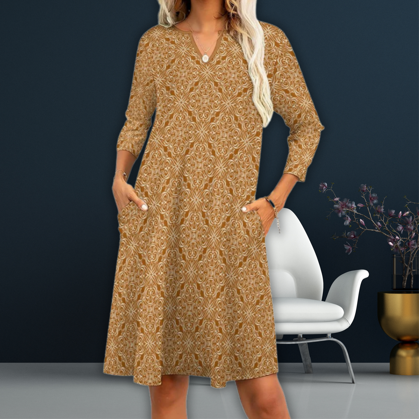 Addie V-neck 3/4 Sleeve Dress with Pockets