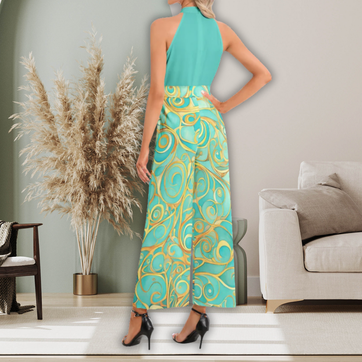 Teal Swirl Halter Neck Buckle Belted Jumpsuit