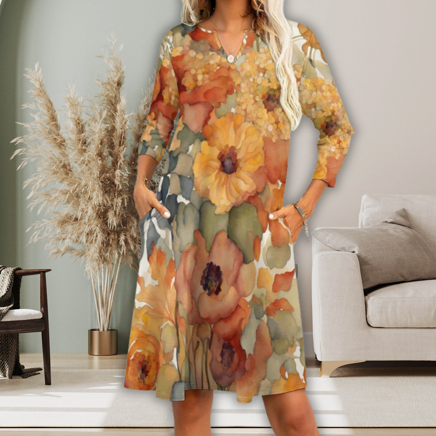 Amber V-neck 3/4 Sleeve Dress with Pockets