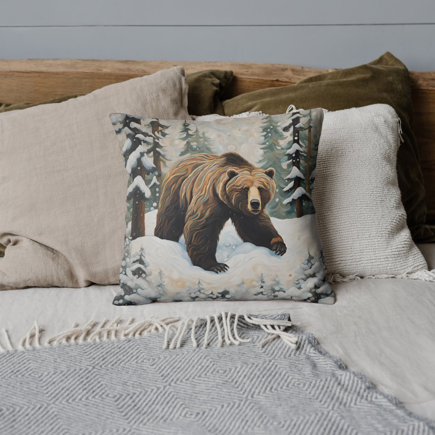 Winter Grizzly Square Poly Canvas Pillowcase