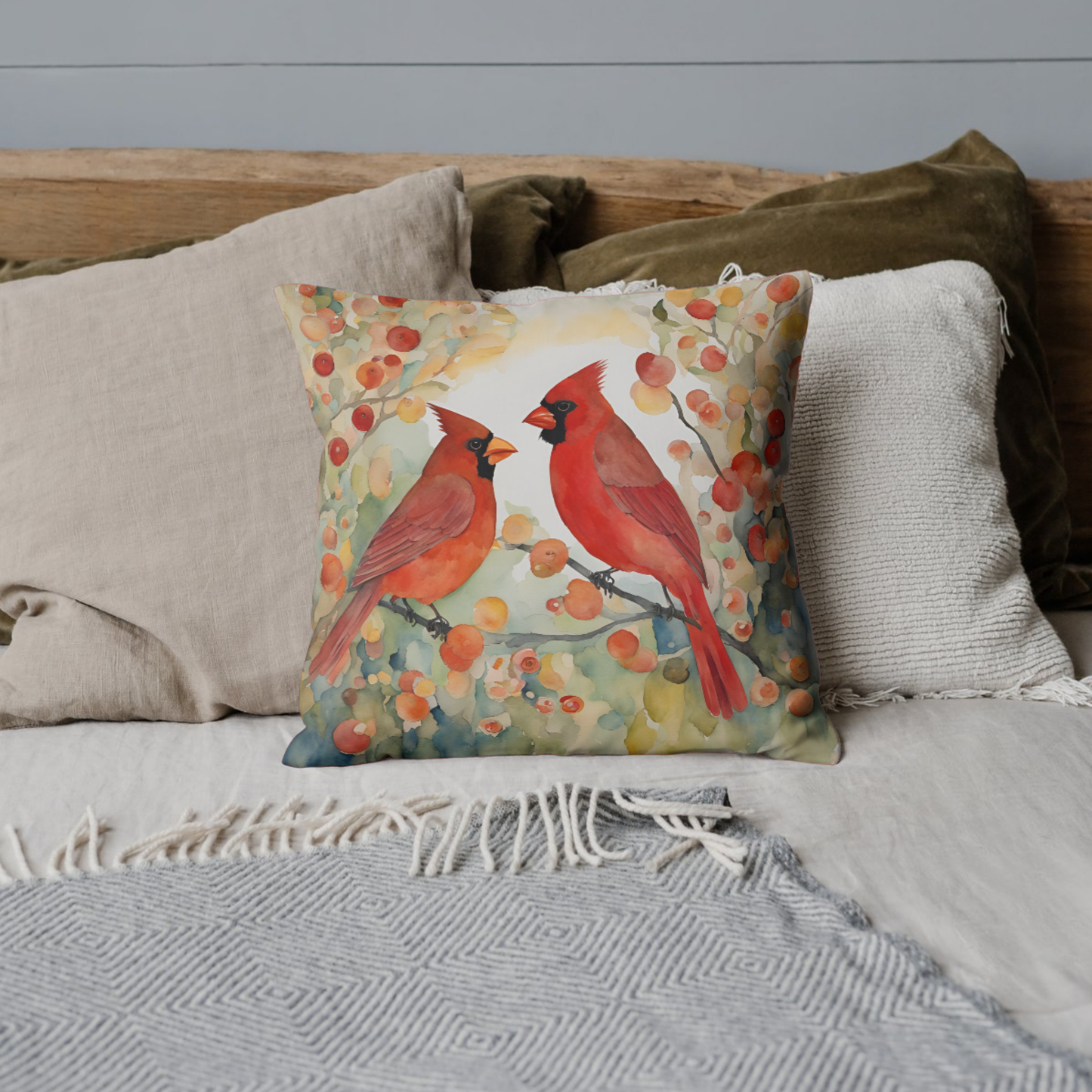 Autumn Cardinals Square Poly Canvas Pillowcase