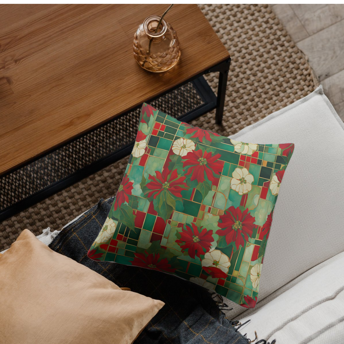 Jo's Poinsettias Square Poly Canvas Pillowcase