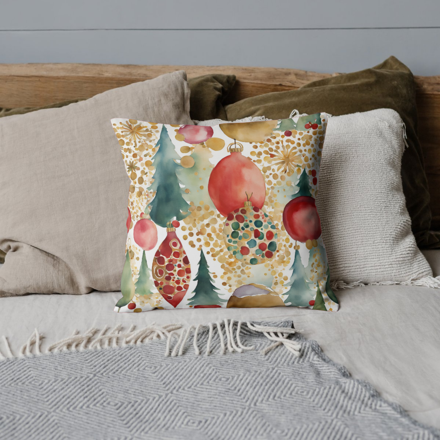 Holiday Watercolor Ornaments Square Poly Canvas Pillowcase