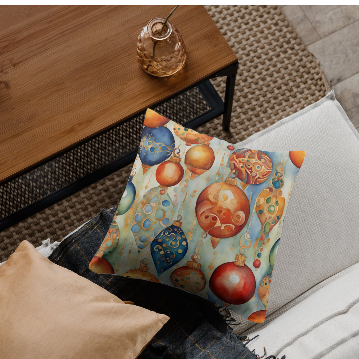 Watercolor Ornaments Square Poly Canvas Pillowcase