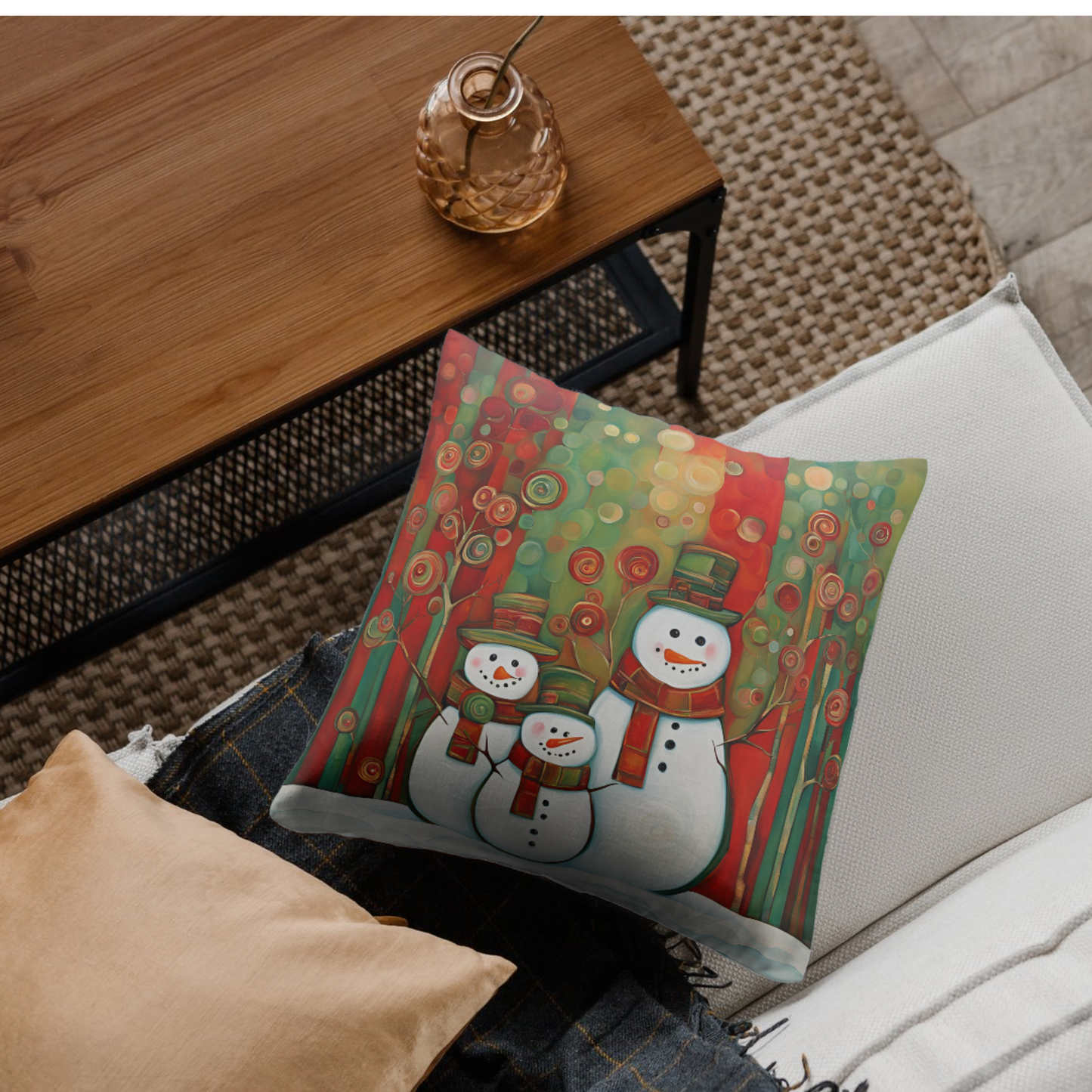 Snowman Family Square Poly Canvas Pillowcase