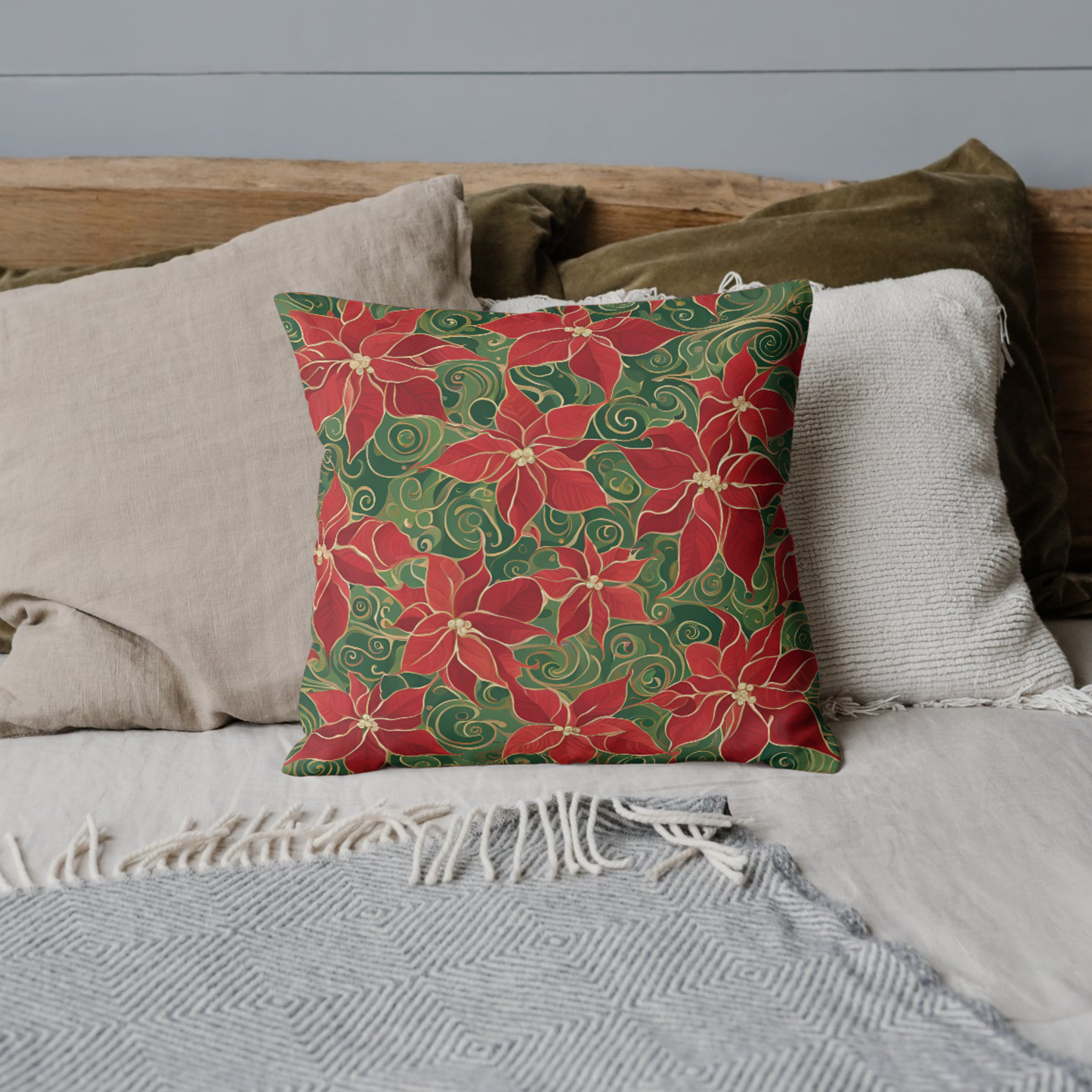 Poinsettias Swirl Holiday Square Poly Canvas Pillowcase