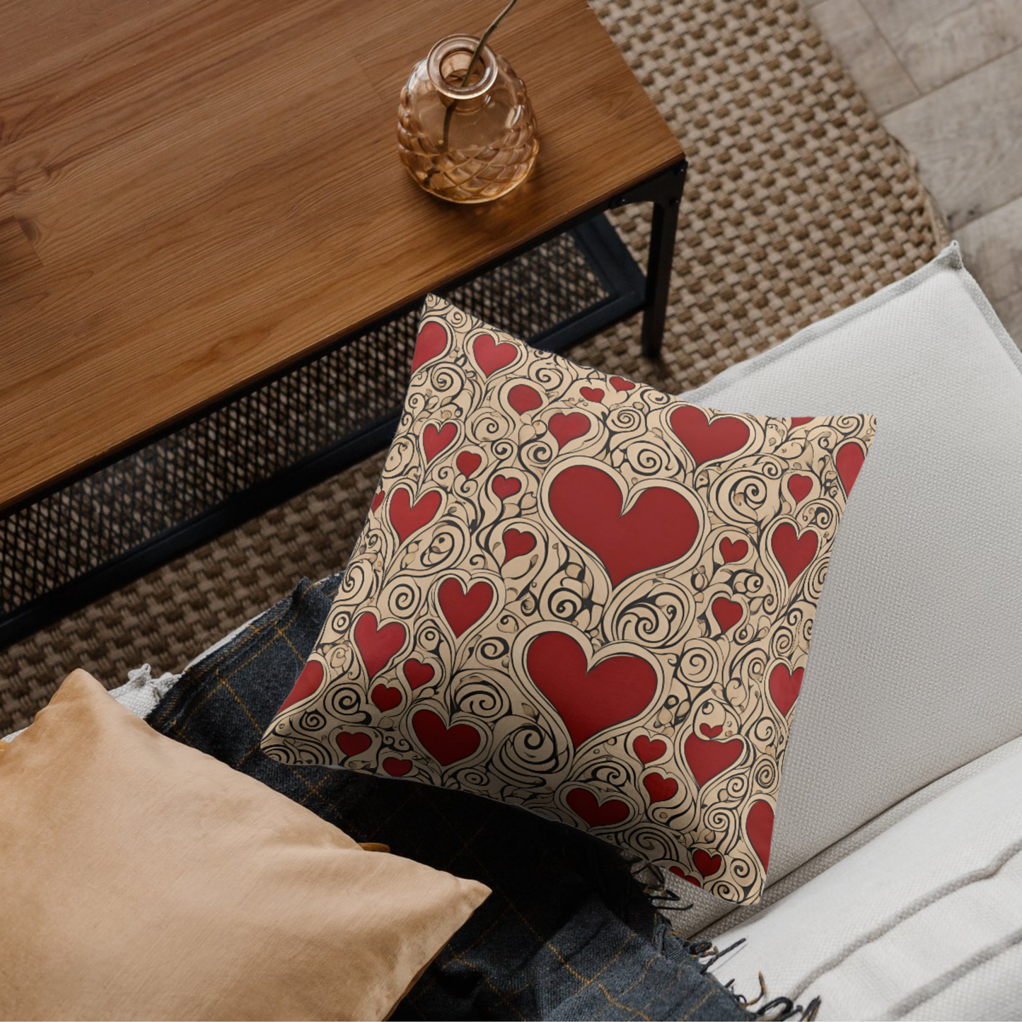 Hearts on Khaki Square Poly Canvas Pillowcase