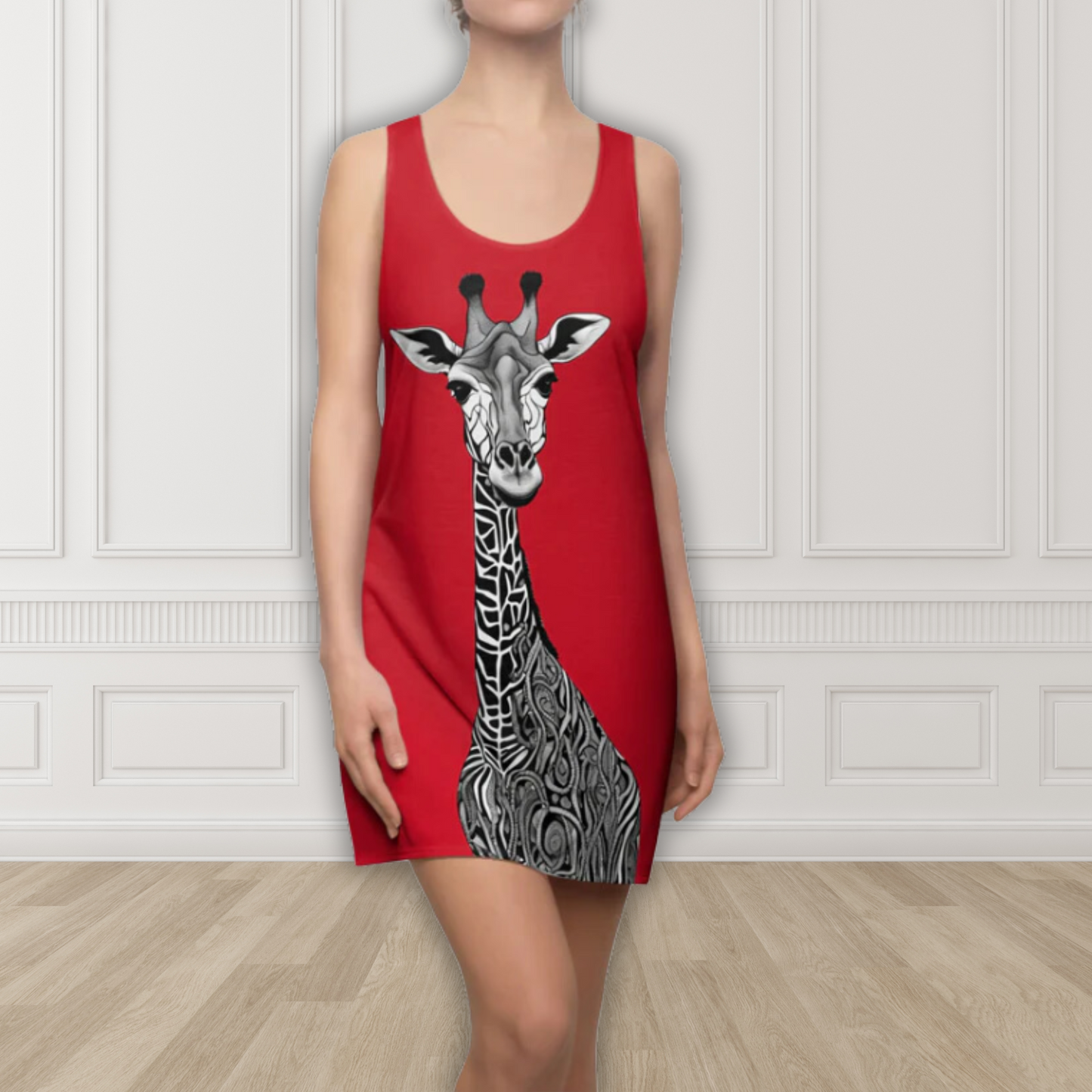 B&W Giraffe on Red Women's Racerback Dress