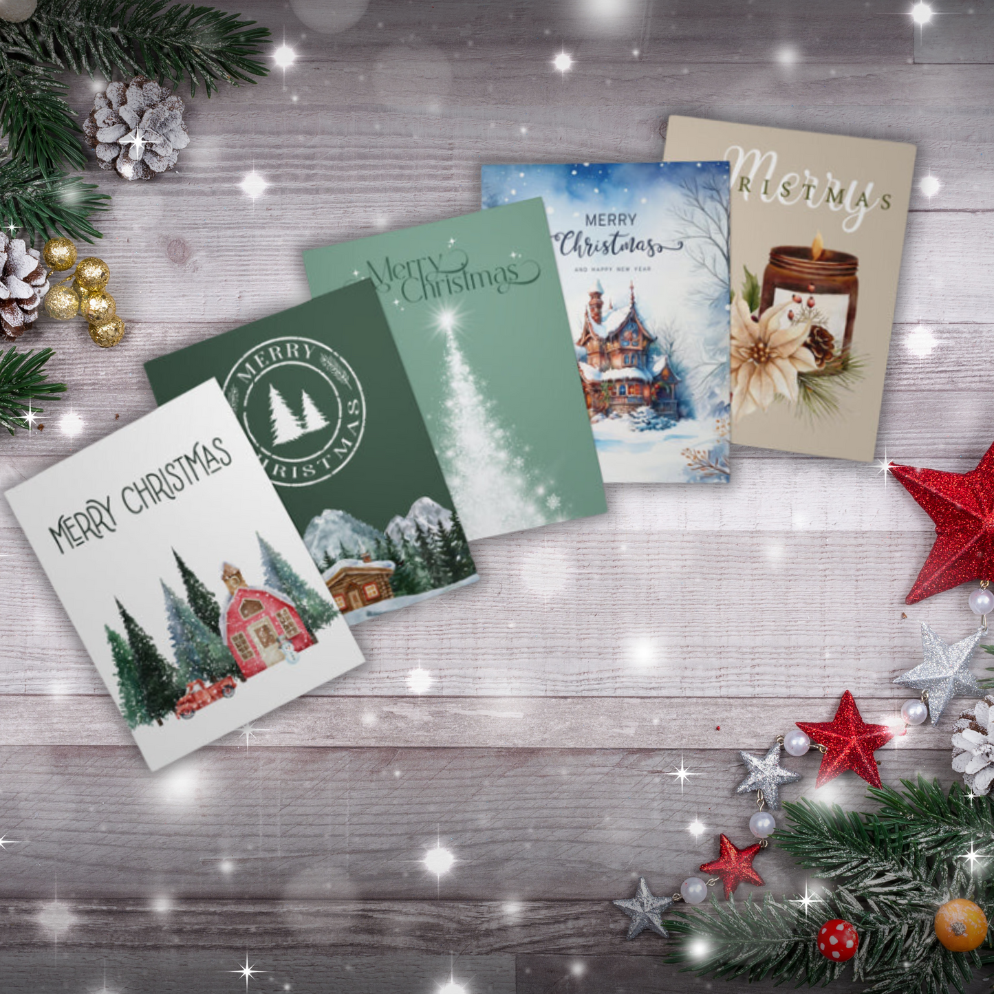 Merry Christmas Multi-Design Christmas Cards (5-Pack Blank Inside)