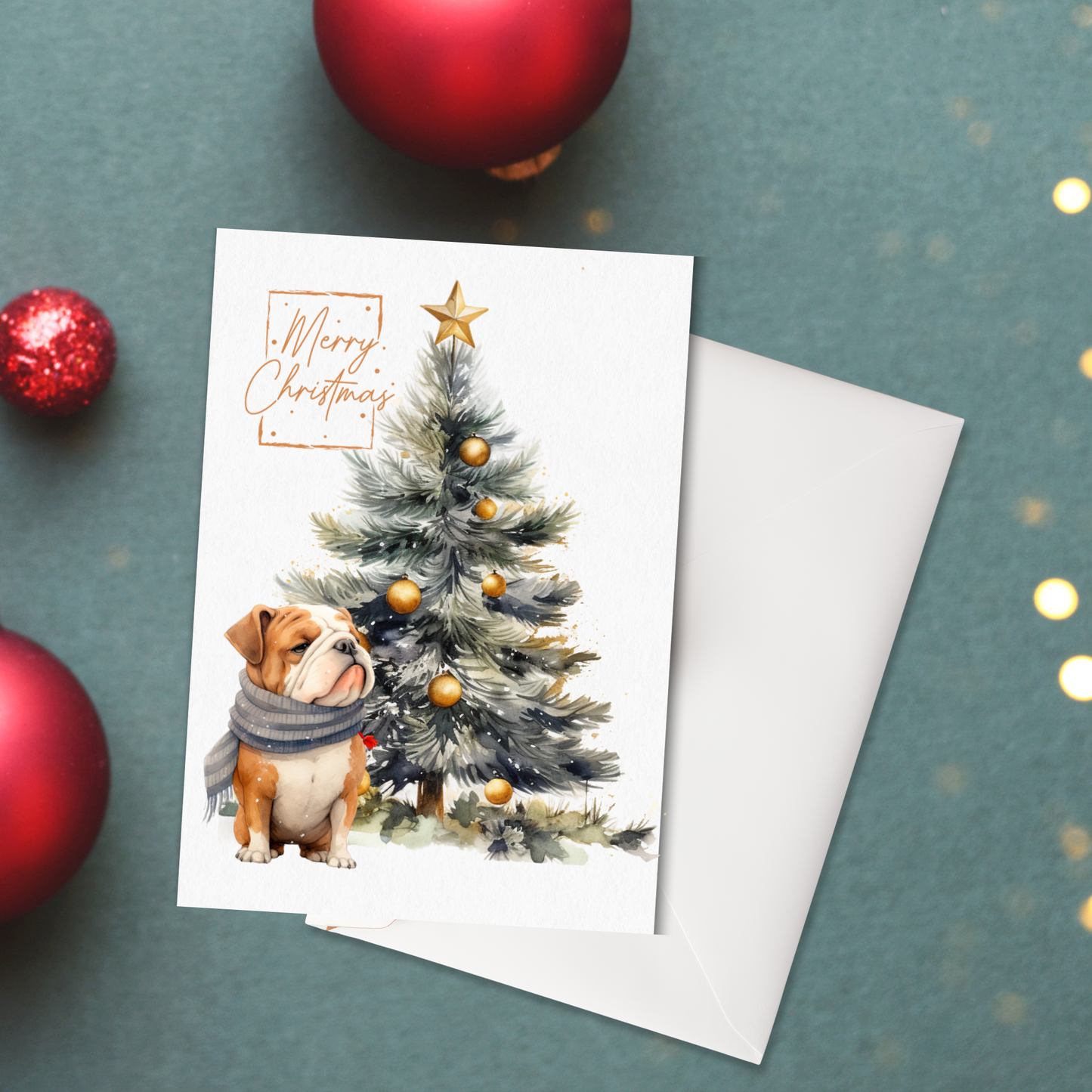 English Bulldog Merry Christmas Tree Cards (5 Pack Blank Inside)