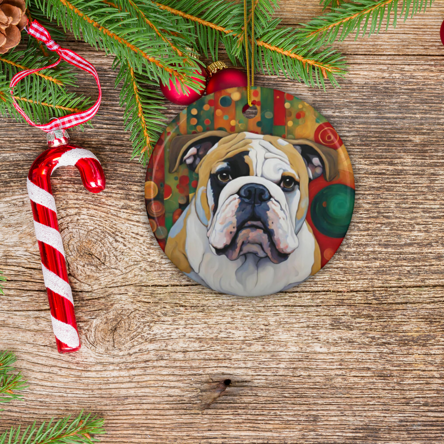 English Bulldog Christmas 3" Ceramic Ornaments, 2-Side Print, (1pc, 10pcs)