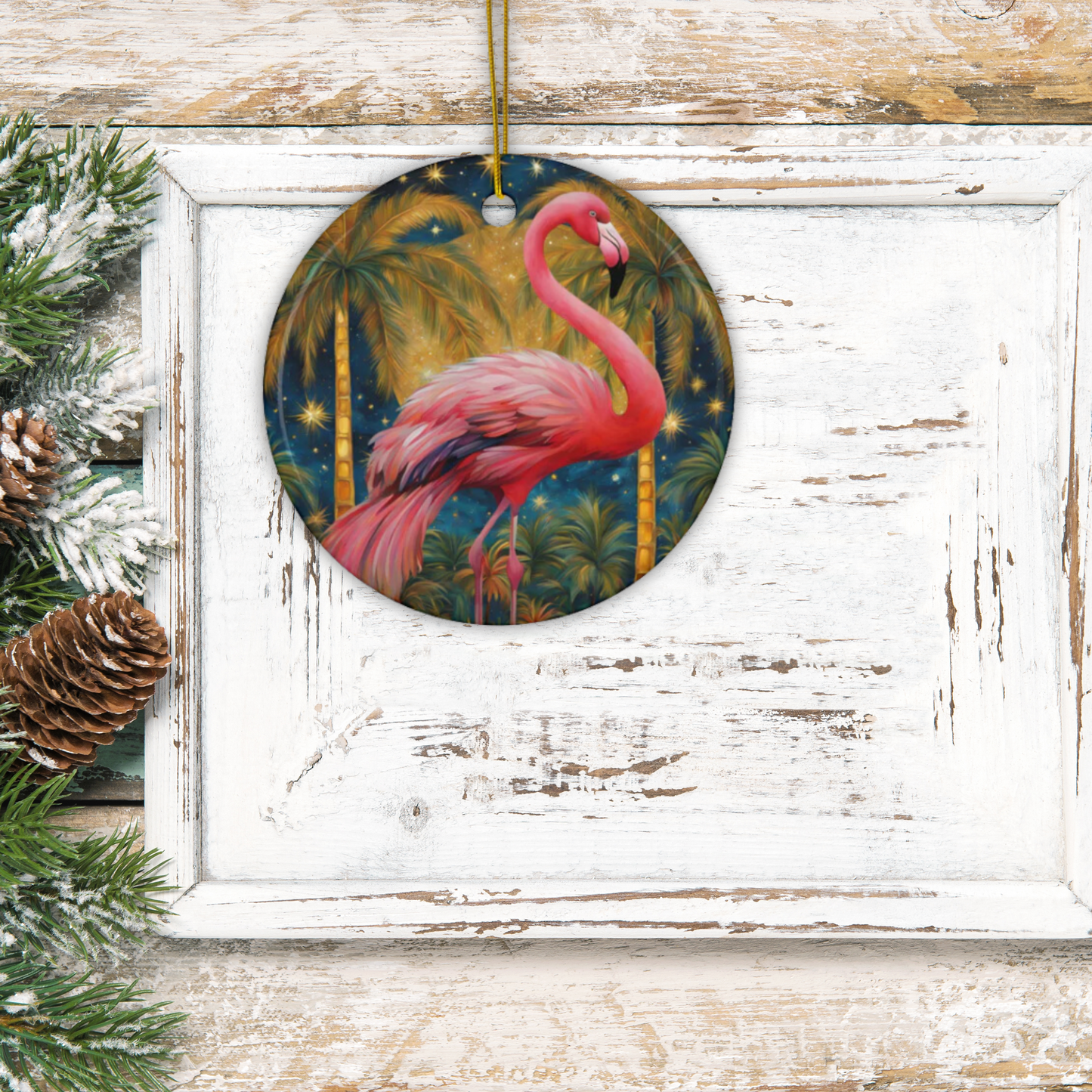 Glitzy Flamingo 3" Ceramic Ornaments, 2-Side Print, (1pc, 10pcs)