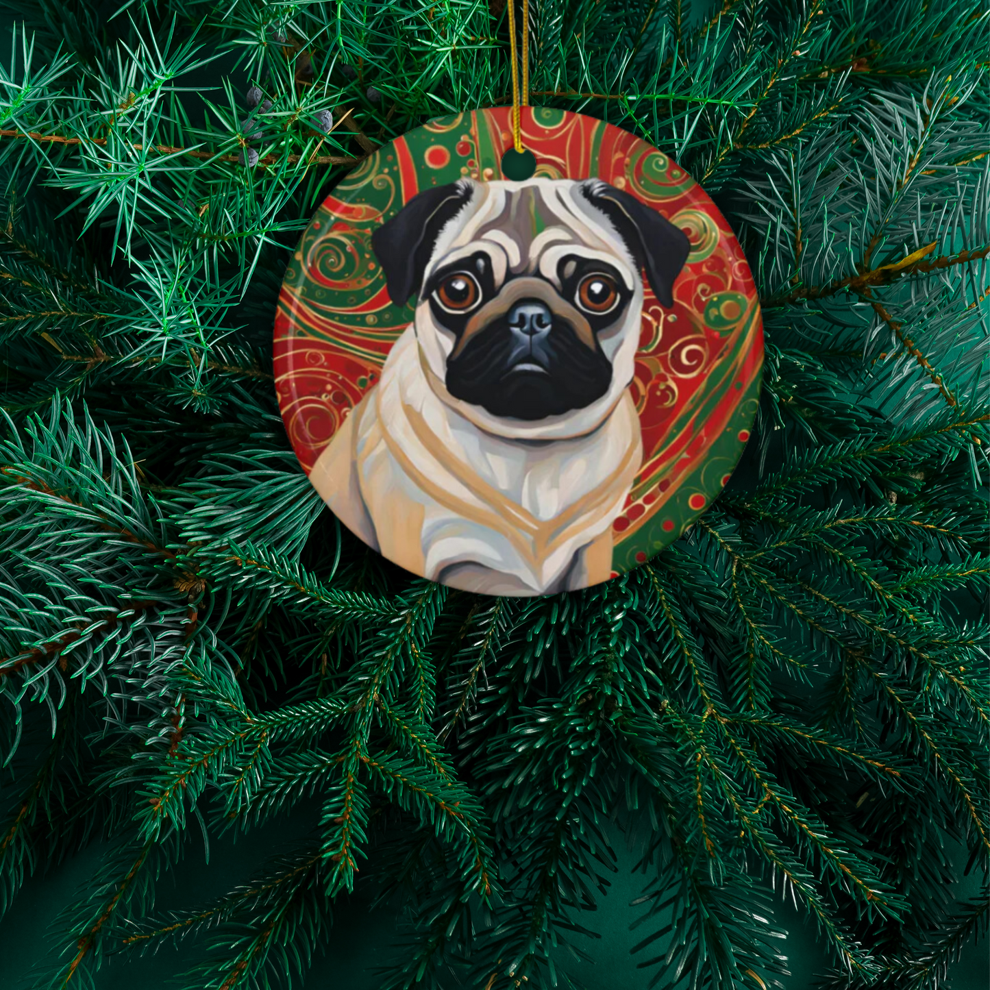 Pug Christmas 3" Ceramic Ornaments, 2-Side Print, (1pc, 10pcs)