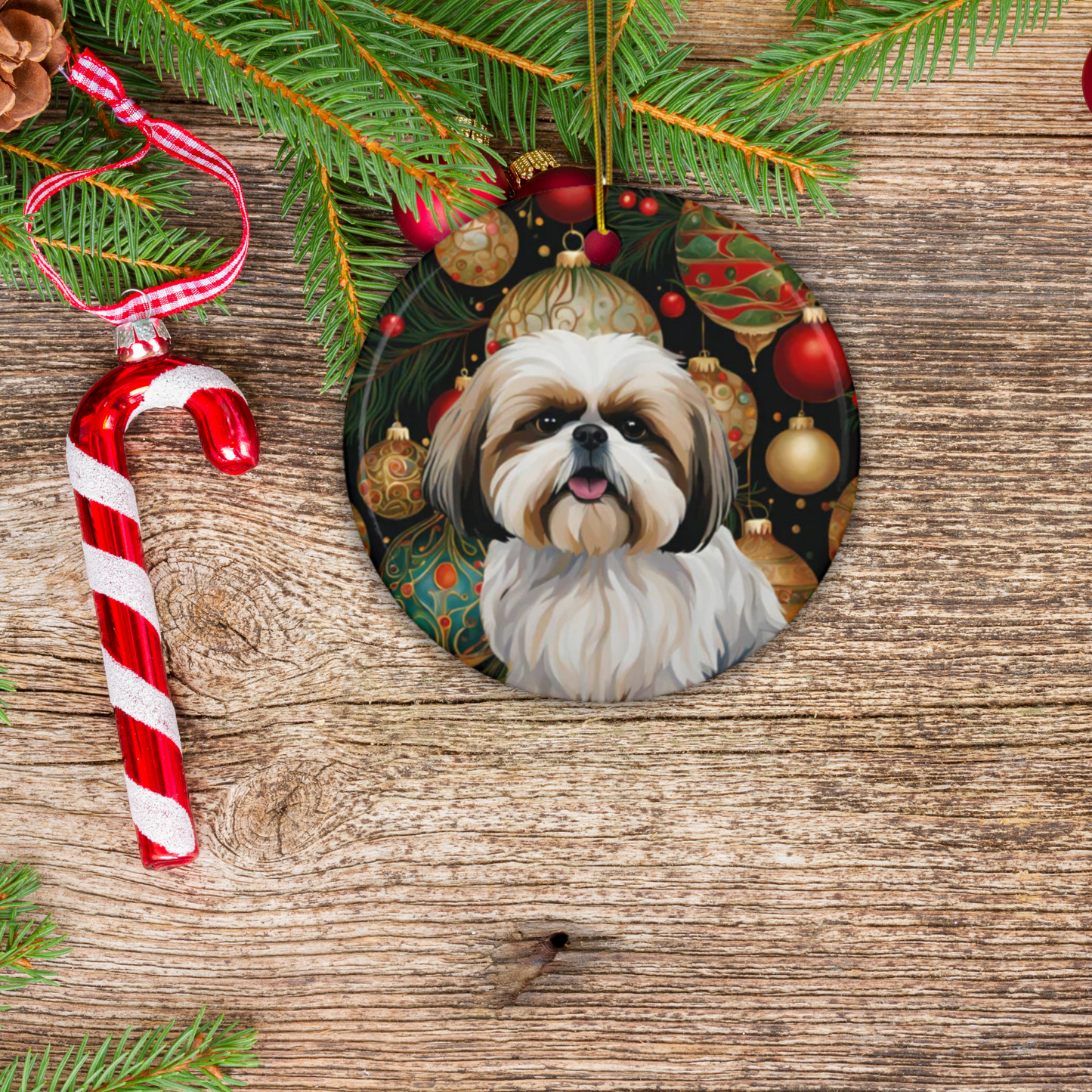 Shih Tzu Christmas  3" Ceramic Ornaments, 2-Side Print, (1pc, 10pcs)