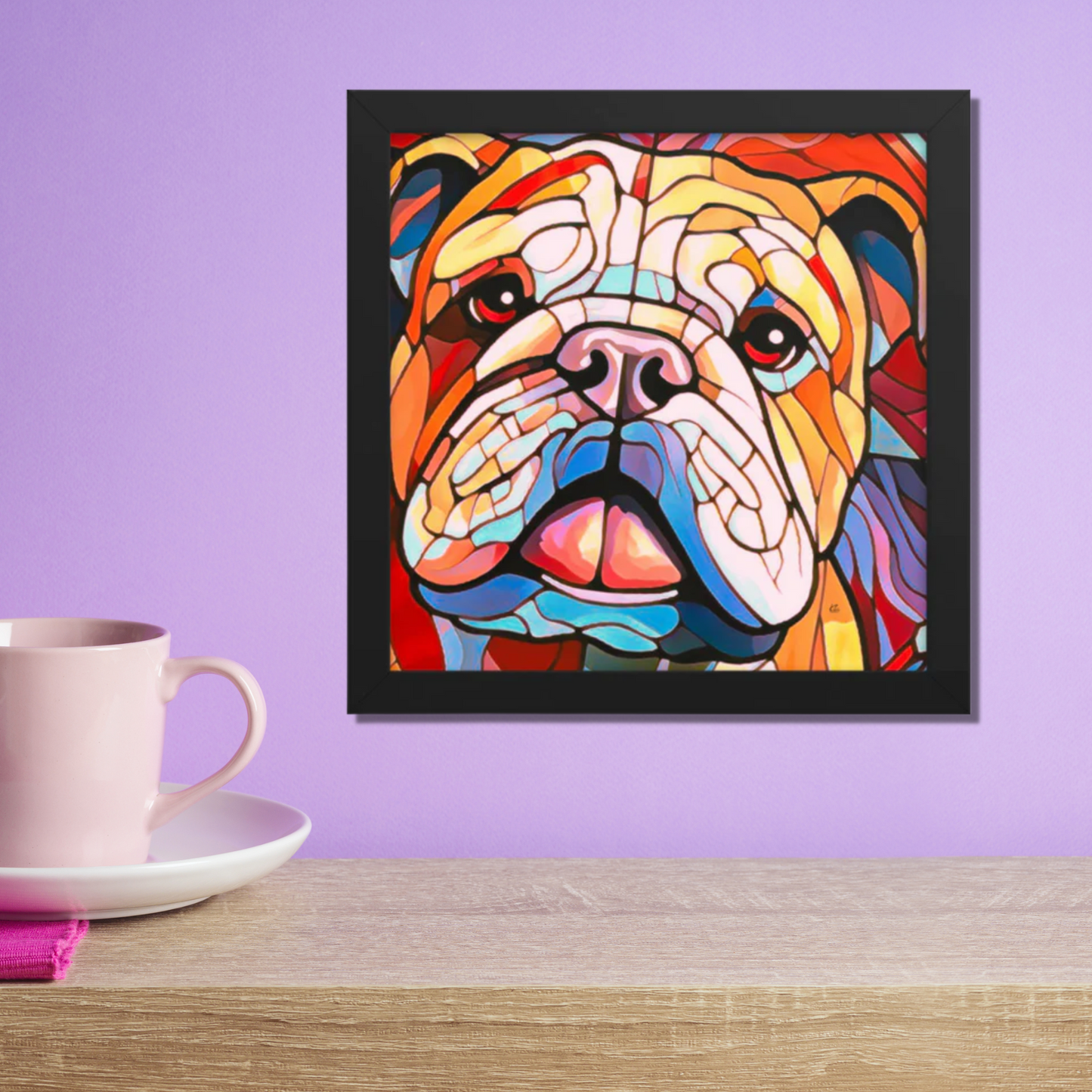 Leroy Bulldog Stained Glass Look Framed poster