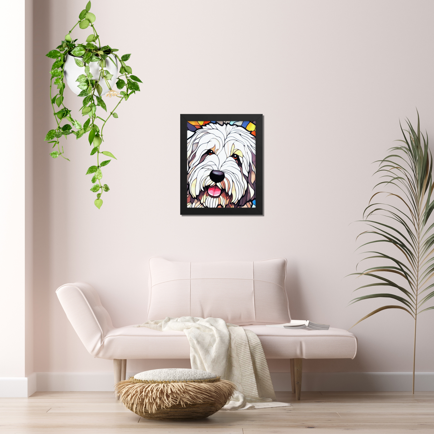 English Sheepdog Stained Glass Look Framed poster