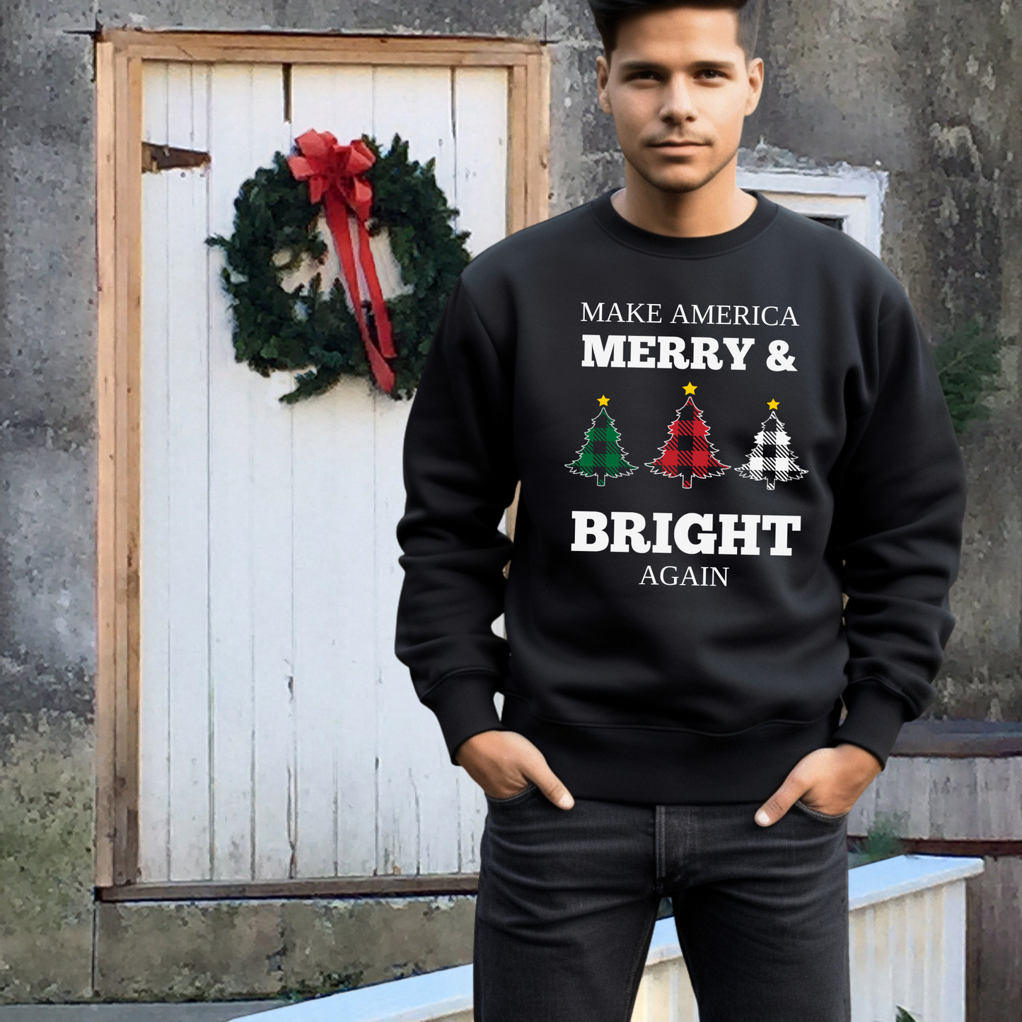 Plaid Trees Make America Merry & Bright Again Unisex Heavy Blend™ Crewneck Sweatshirt