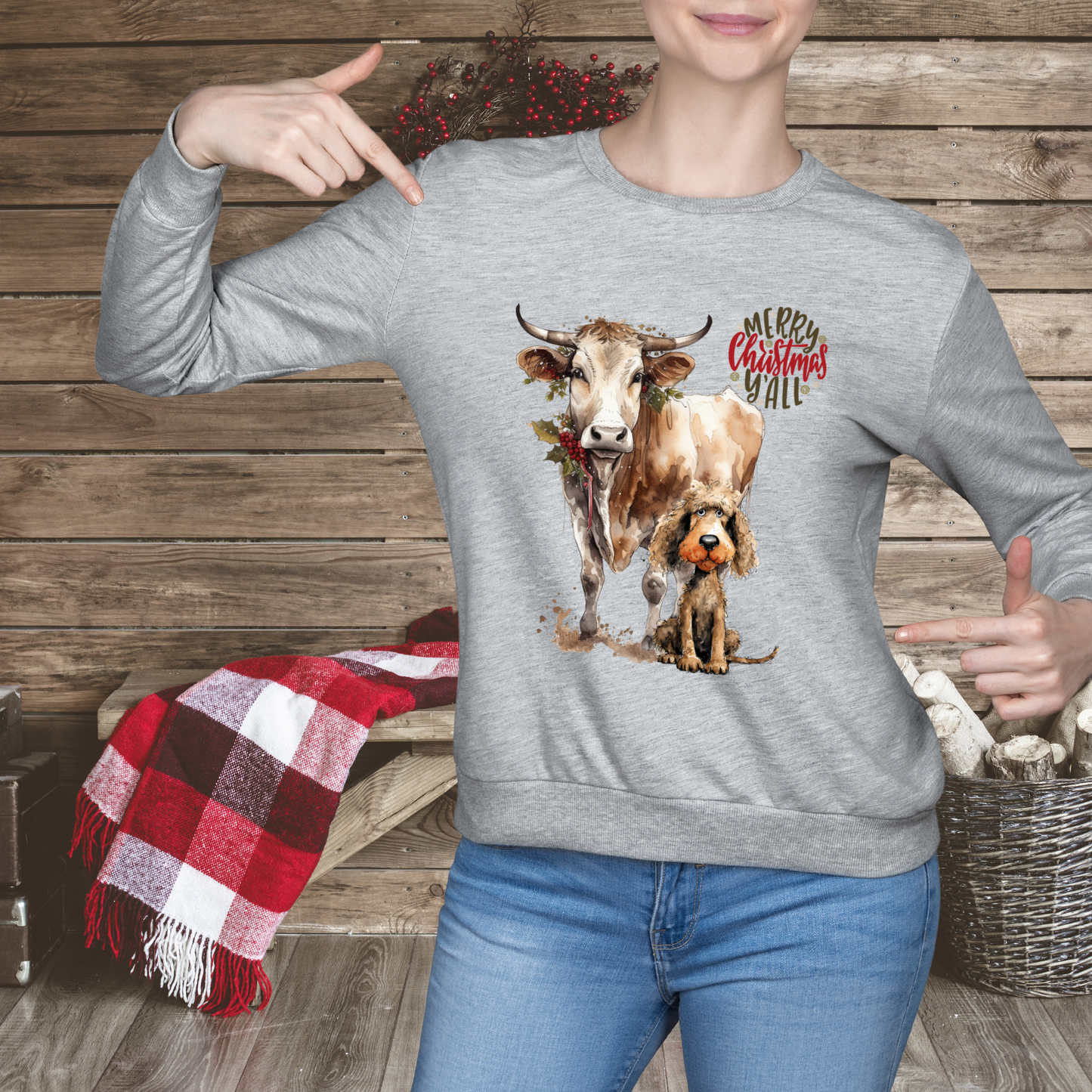 Merry Christmas Y'all Cow & Dog Unisex Heavy Blend™ Crewneck Sweatshirt