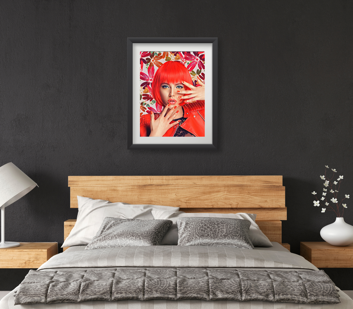 Shanna Woman with Red Bob Hair Flowers Background Art Poster