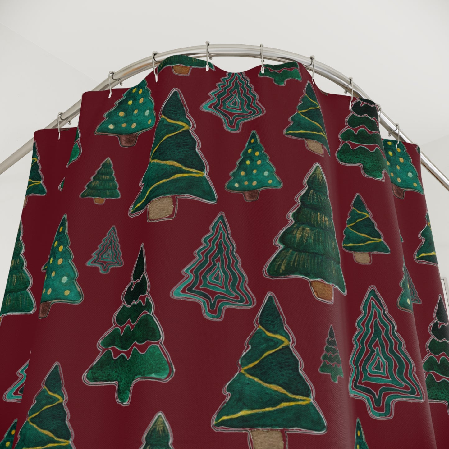 Cute Pines on Maroon Polyester Shower Curtain