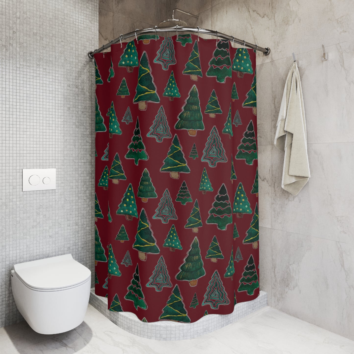 Cute Pines on Maroon Polyester Shower Curtain