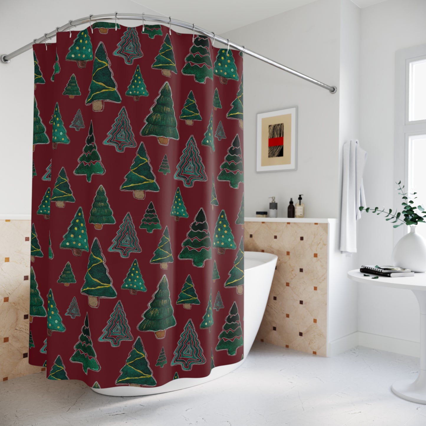 Cute Pines on Maroon Polyester Shower Curtain