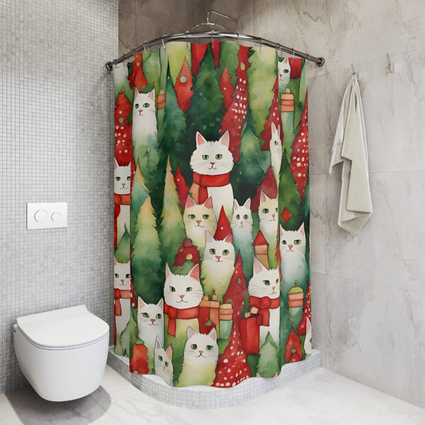 Meowy Christmas Polyester Shower Curtain